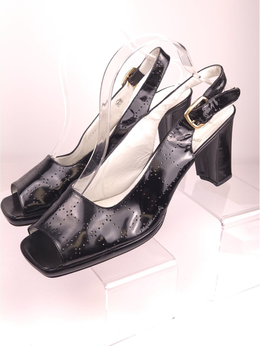 Bruno Magli Black Perforated Leather Slingback Peep Toe Heels Italy 40.5